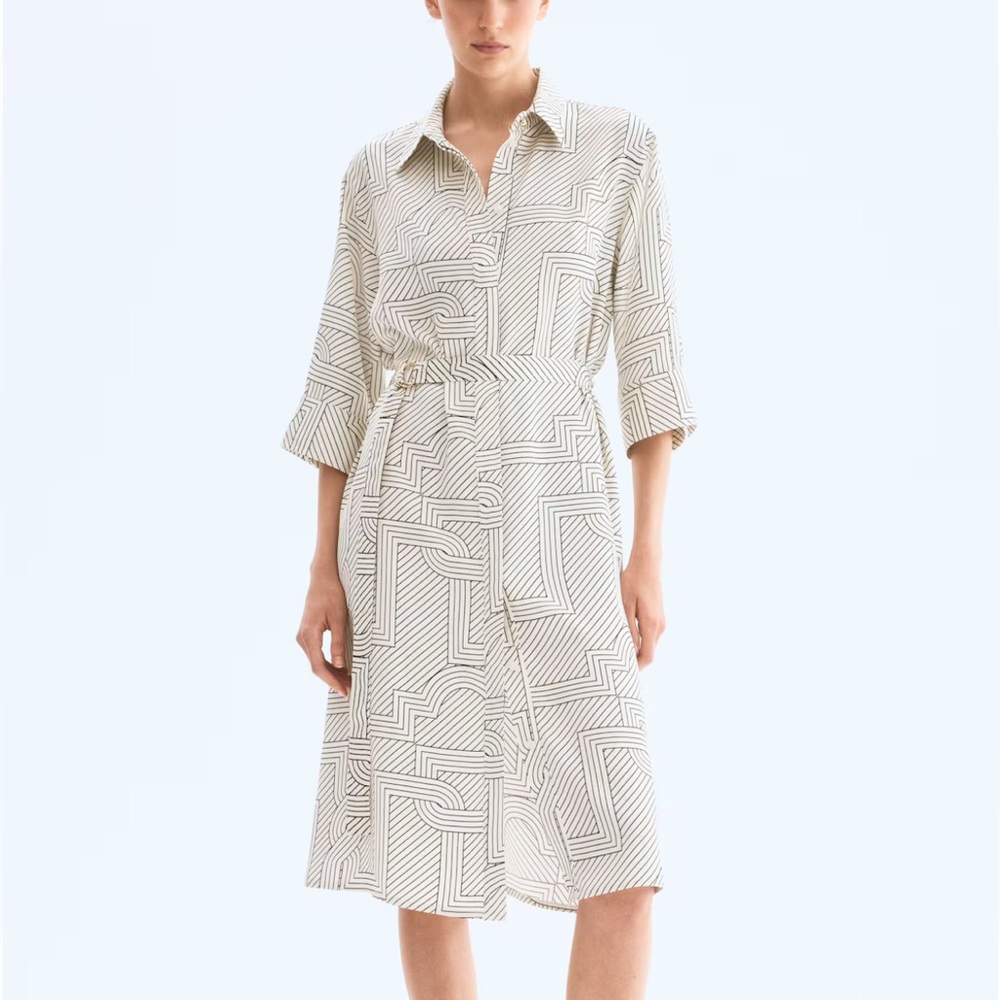 H&M Cream Patterned Shirt Dress with Belt